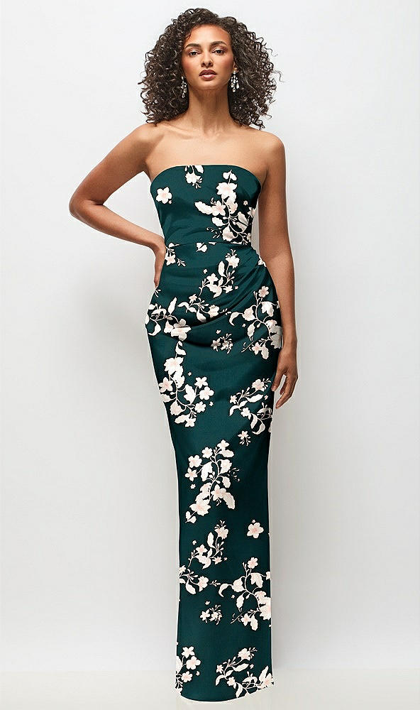Front View - Vintage Primrose Evergreen Strapless Draped Bodice Floral Stretch Satin Column Maxi Dress