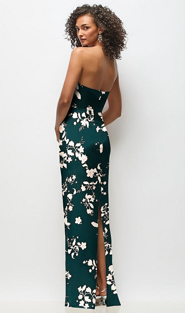 Back View - Vintage Primrose Evergreen Strapless Draped Bodice Floral Stretch Satin Column Maxi Dress
