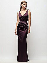 Front View Thumbnail - Deep Plum Sleeveless Draped Wrap Bodice Stretch Satin Column Maxi Dress