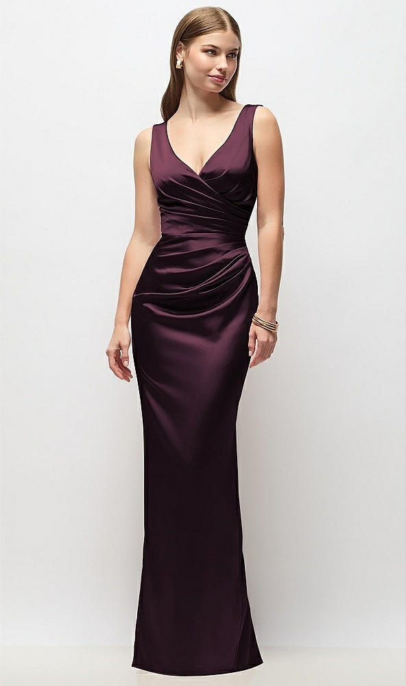 Front View - Deep Plum Sleeveless Draped Wrap Bodice Stretch Satin Column Maxi Dress