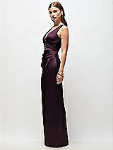 Side View Thumbnail - Deep Plum Sleeveless Draped Wrap Bodice Stretch Satin Column Maxi Dress