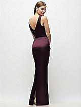 Rear View Thumbnail - Deep Plum Sleeveless Draped Wrap Bodice Stretch Satin Column Maxi Dress
