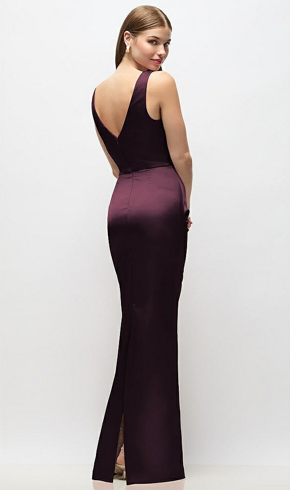 Back View - Deep Plum Sleeveless Draped Wrap Bodice Stretch Satin Column Maxi Dress