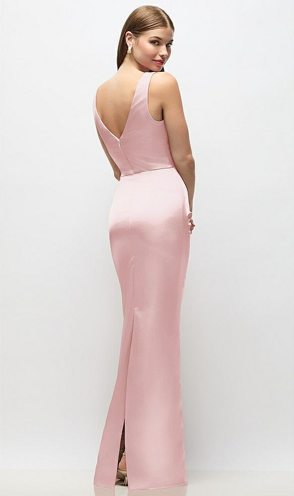 Back View - Ballet Pink Sleeveless Draped Wrap Bodice Stretch Satin Column Maxi Dress