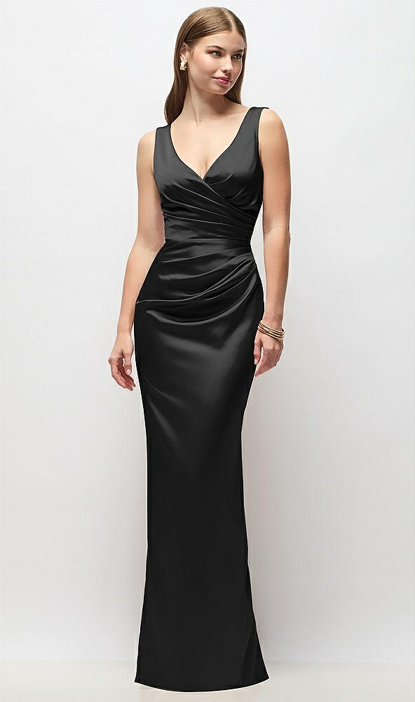 Front View - Black Sleeveless Draped Wrap Bodice Stretch Satin Column Maxi Dress