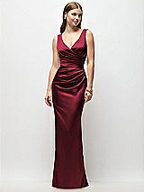 Front View Thumbnail - Cabernet Sleeveless Draped Wrap Bodice Stretch Satin Column Maxi Dress