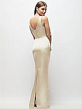 Rear View Thumbnail - Champagne Sleeveless Draped Wrap Bodice Stretch Satin Column Maxi Dress