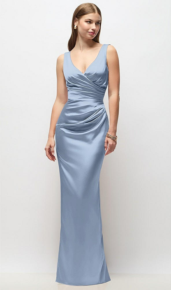 Front View - Cloudy Sleeveless Draped Wrap Bodice Stretch Satin Column Maxi Dress