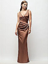 Front View Thumbnail - Cognac Sleeveless Draped Wrap Bodice Stretch Satin Column Maxi Dress