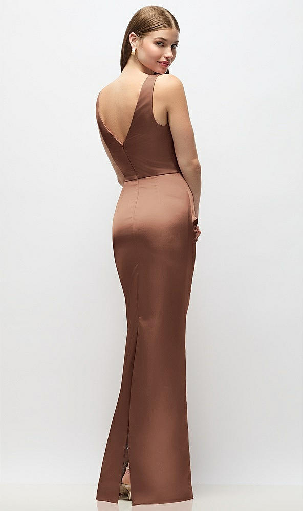 Back View - Cognac Sleeveless Draped Wrap Bodice Stretch Satin Column Maxi Dress