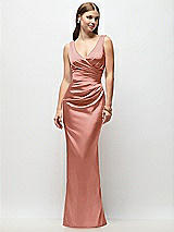 Front View Thumbnail - Desert Rose Sleeveless Draped Wrap Bodice Stretch Satin Column Maxi Dress
