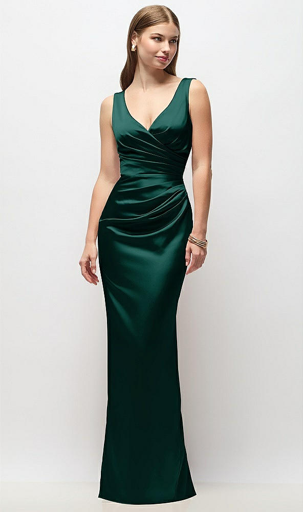 Front View - Evergreen Sleeveless Draped Wrap Bodice Stretch Satin Column Maxi Dress
