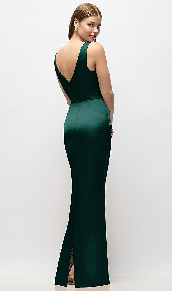Back View - Evergreen Sleeveless Draped Wrap Bodice Stretch Satin Column Maxi Dress