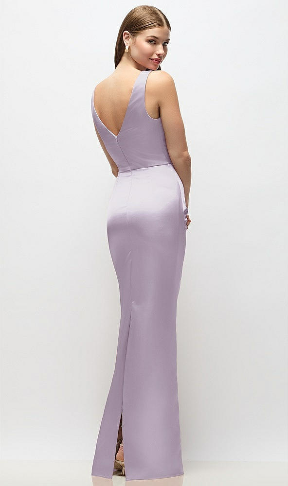 Back View - Lilac Haze Sleeveless Draped Wrap Bodice Stretch Satin Column Maxi Dress