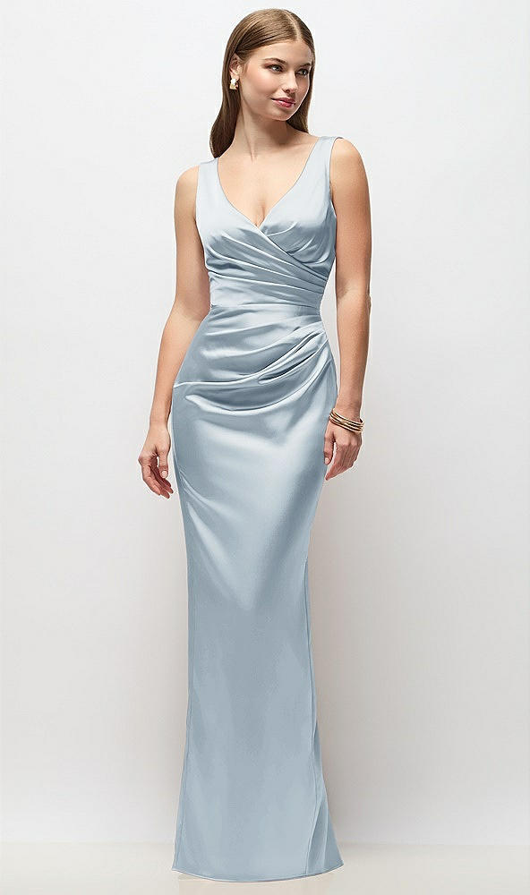 Front View - Mist Sleeveless Draped Wrap Bodice Stretch Satin Column Maxi Dress