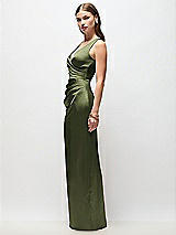 Side View Thumbnail - Olive Green Sleeveless Draped Wrap Bodice Stretch Satin Column Maxi Dress