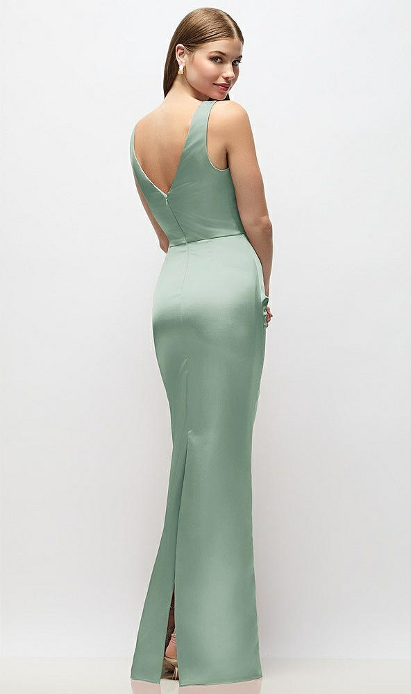 Back View - Seagrass Sleeveless Draped Wrap Bodice Stretch Satin Column Maxi Dress