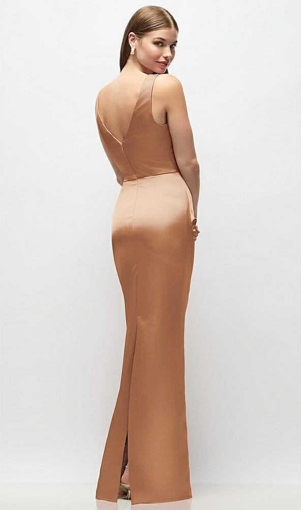 Back View - Toffee Sleeveless Draped Wrap Bodice Stretch Satin Column Maxi Dress