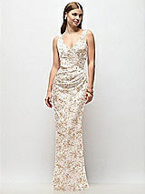 Front View Thumbnail - Golden Hour Sleeveless Draped Wrap Bodice Floral Stretch Satin Column Maxi Dress