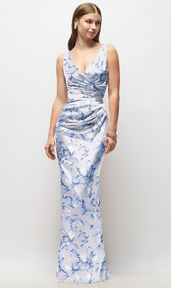 Front View - Magnolia Sky Sleeveless Draped Wrap Bodice Floral Stretch Satin Column Maxi Dress