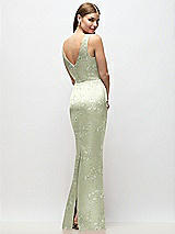 Rear View Thumbnail - Vintage Primrose Celadon Sleeveless Draped Wrap Bodice Floral Stretch Satin Column Maxi Dress