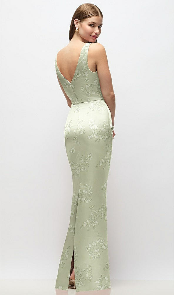 Back View - Vintage Primrose Celadon Sleeveless Draped Wrap Bodice Floral Stretch Satin Column Maxi Dress