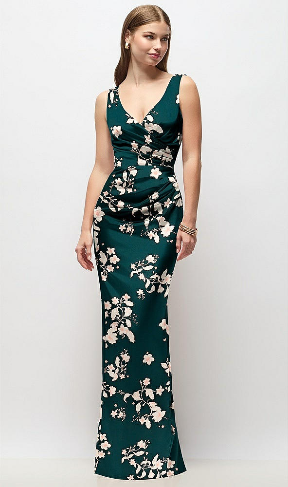 Front View - Vintage Primrose Evergreen Sleeveless Draped Wrap Bodice Floral Stretch Satin Column Maxi Dress