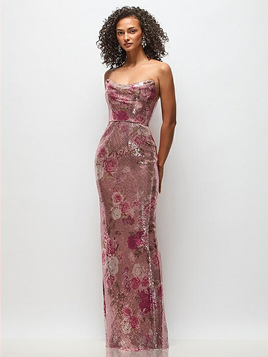Draped Cowl Cat-Eye Neck Stretch Sequin Column Maxi Dress