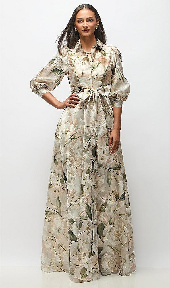 Front View - Plumeria Floral Print Floral Metallic Organza Jacquard Shirt Dress with Full Maxi Skirt & Sash