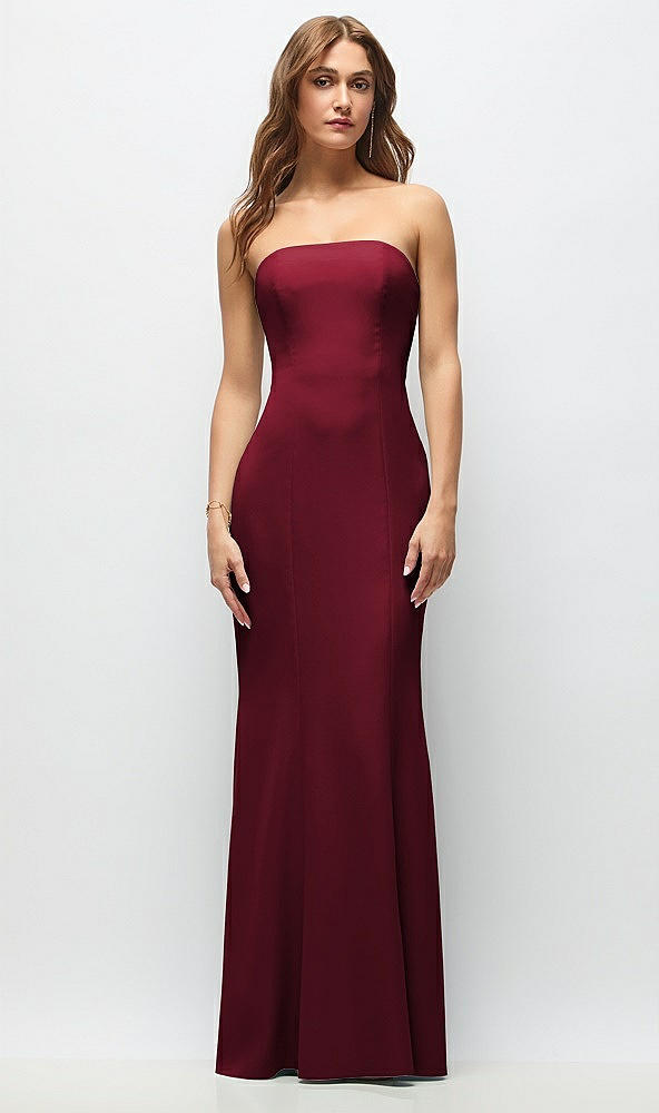 Front View - Burgundy Strapless Fit and Flare Crepe Maxi Dress