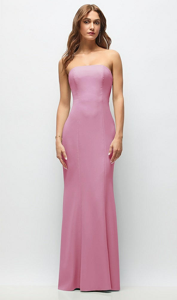 Front View - Powder Pink Strapless Fit and Flare Crepe Maxi Dress