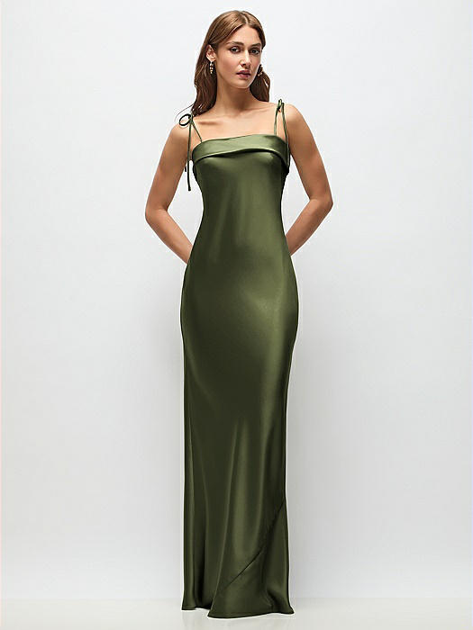 Cuff Neck Satin Bias Maxi Dress with Self-Tie Spaghetti Straps