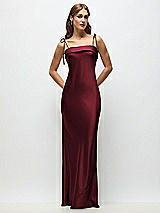 Front View Thumbnail - Cabernet Cuff Neck Satin Bias Maxi Dress with Self-Tie Spaghetti Straps