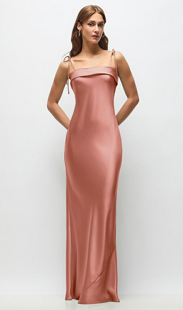 Front View - Desert Rose Cuff Neck Satin Bias Maxi Dress with Self-Tie Spaghetti Straps
