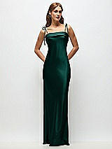 Front View Thumbnail - Evergreen Cuff Neck Satin Bias Maxi Dress with Self-Tie Spaghetti Straps
