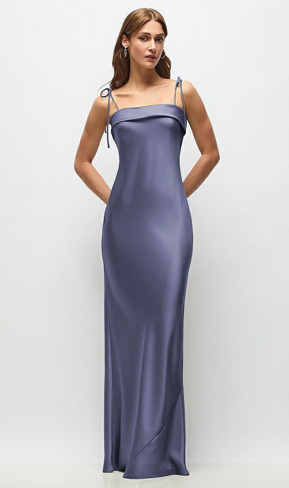 Front View - French Blue Cuff Neck Satin Bias Maxi Dress with Self-Tie Spaghetti Straps