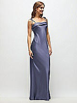 Side View Thumbnail - French Blue Cuff Neck Satin Bias Maxi Dress with Self-Tie Spaghetti Straps