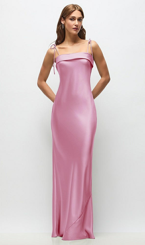 Front View - Powder Pink Cuff Neck Satin Bias Maxi Dress with Self-Tie Spaghetti Straps