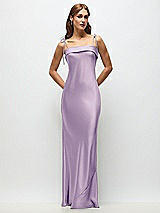 Front View Thumbnail - Pale Purple Cuff Neck Satin Bias Maxi Dress with Self-Tie Spaghetti Straps