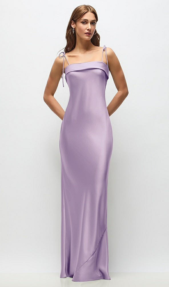 Front View - Pale Purple Cuff Neck Satin Bias Maxi Dress with Self-Tie Spaghetti Straps