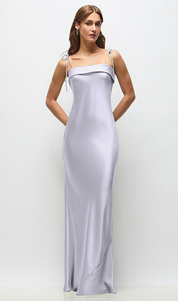 Front View - Silver Dove Cuff Neck Satin Bias Maxi Dress with Self-Tie Spaghetti Straps