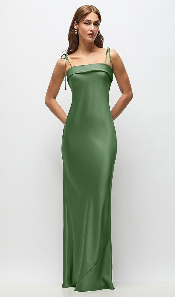 Front View - Vineyard Green Cuff Neck Satin Bias Maxi Dress with Self-Tie Spaghetti Straps