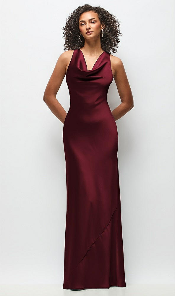 Front View - Cabernet Cowl Neck Criss-Cross Back Satin Maxi Dress
