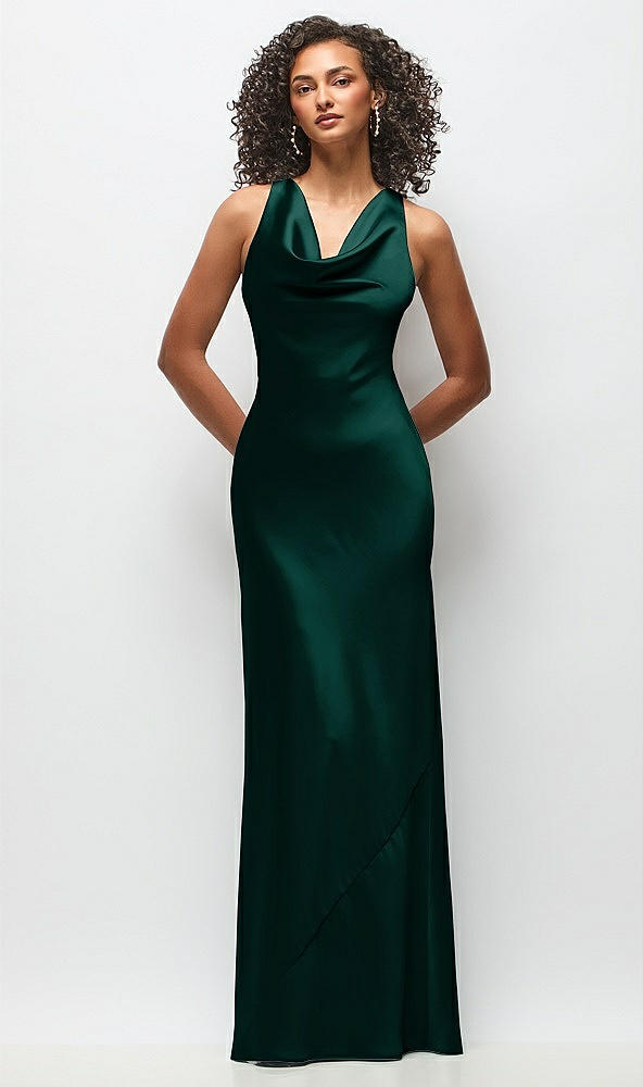 Front View - Evergreen Cowl Neck Criss-Cross Back Satin Maxi Dress