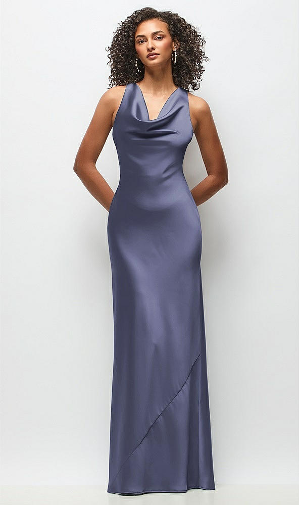 Front View - French Blue Cowl Neck Criss-Cross Back Satin Maxi Dress