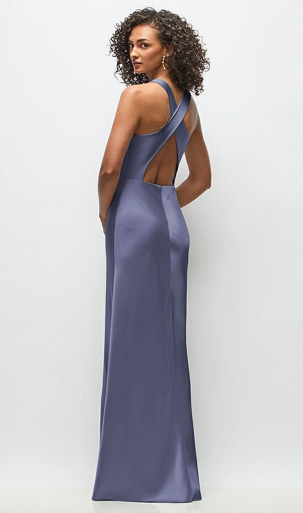 Back View - French Blue Cowl Neck Criss-Cross Back Satin Maxi Dress