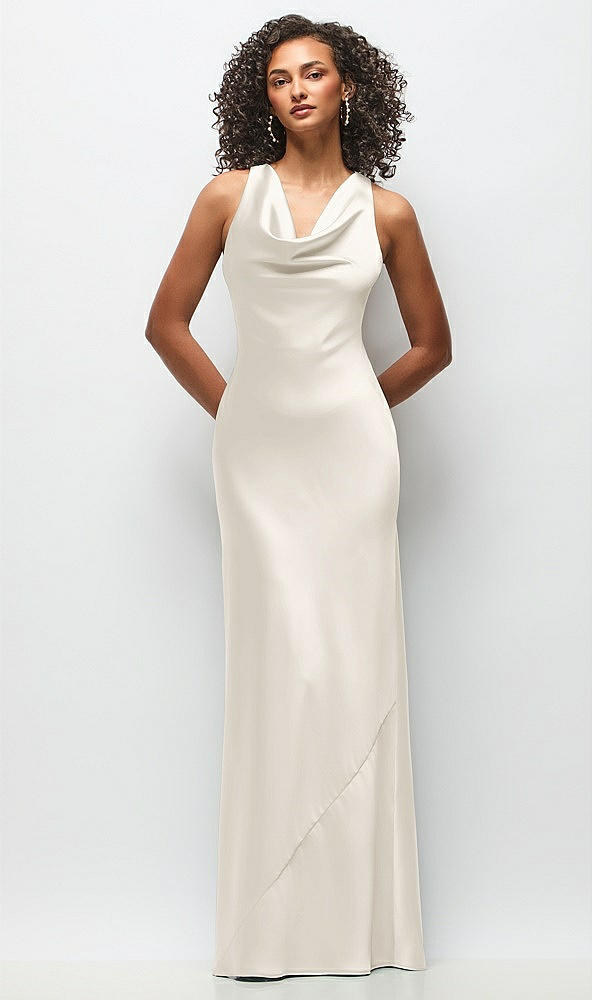 Front View - Ivory Cowl Neck Criss-Cross Back Satin Maxi Dress