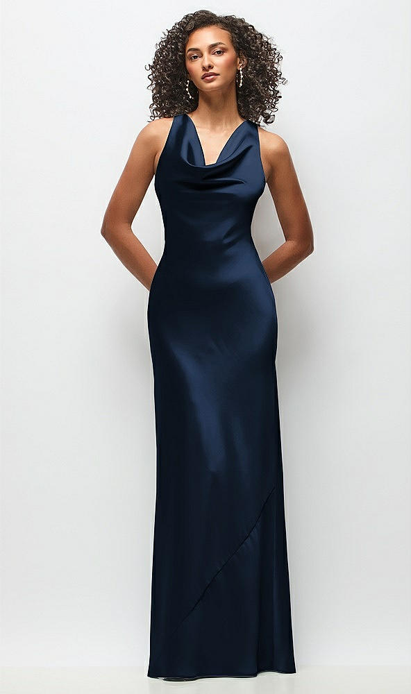 Front View - Midnight Navy Cowl Neck Criss-Cross Back Satin Maxi Dress