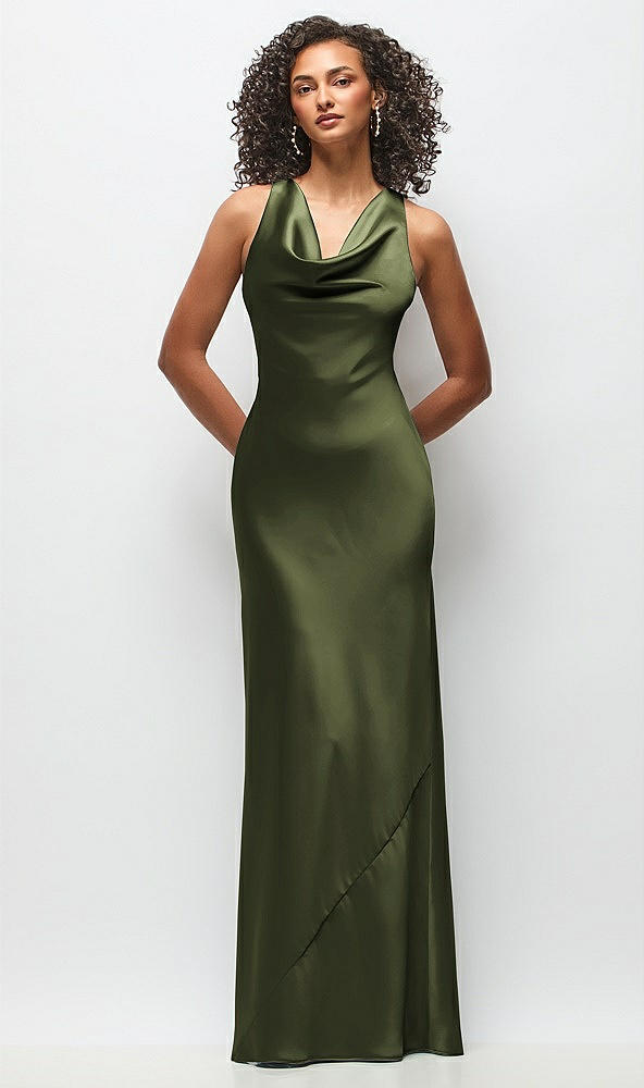Front View - Olive Green Cowl Neck Criss-Cross Back Satin Maxi Dress