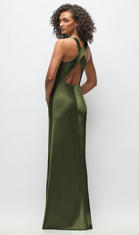 Back View - Olive Green Cowl Neck Criss-Cross Back Satin Maxi Dress